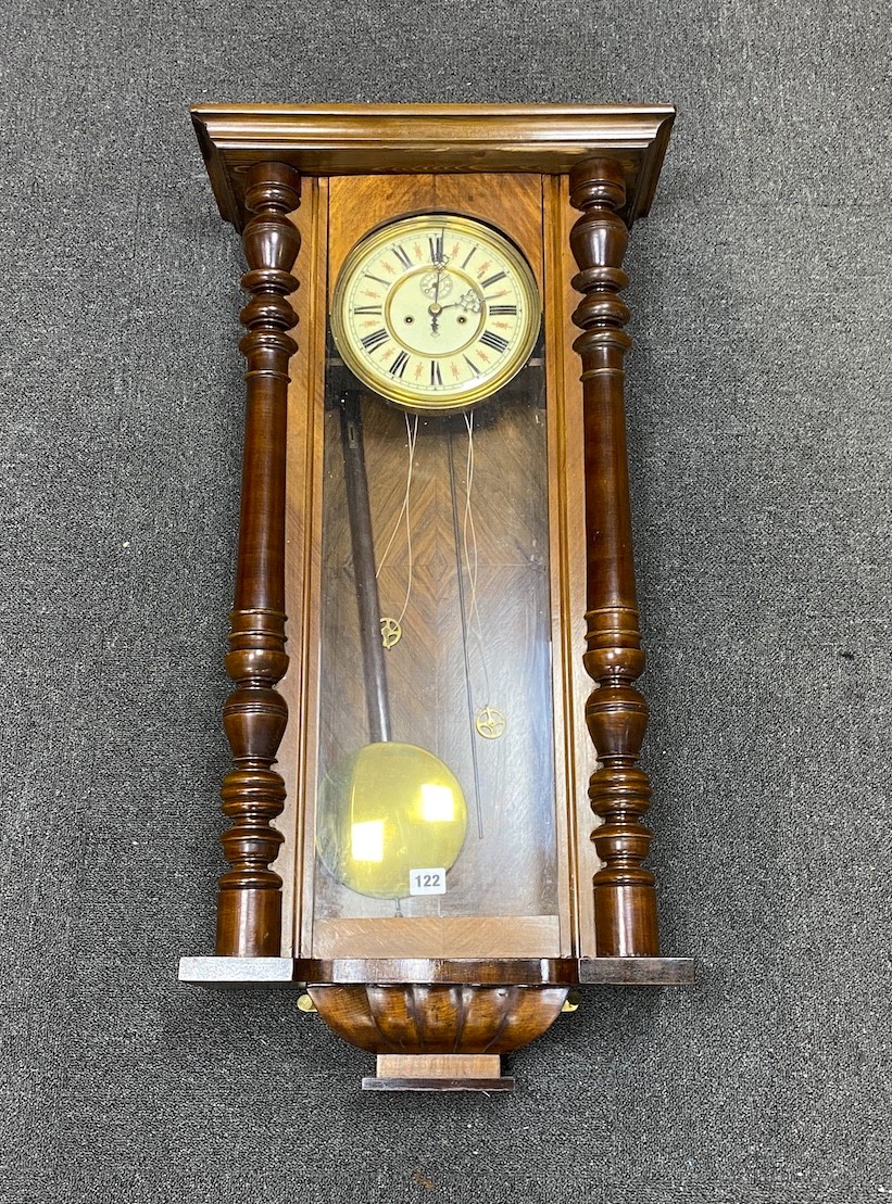 An early 20th century walnut and beech Vienna regulator wall clock, height 112cm